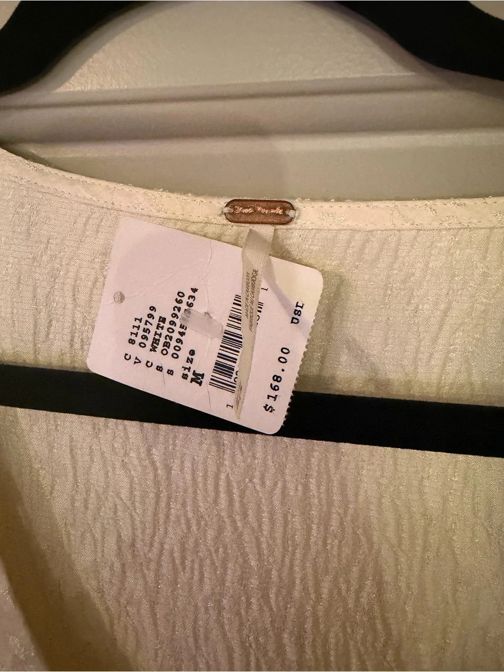 NWT Free People Ivory Jacquard Peplum Bow Blouse Puff Sleeve M